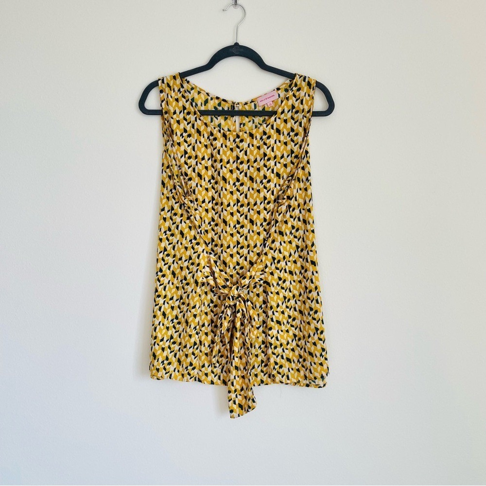 Molly & Isadora I Yellow Geometric Print Sleeveless Tie Waist Top I Womens 2X